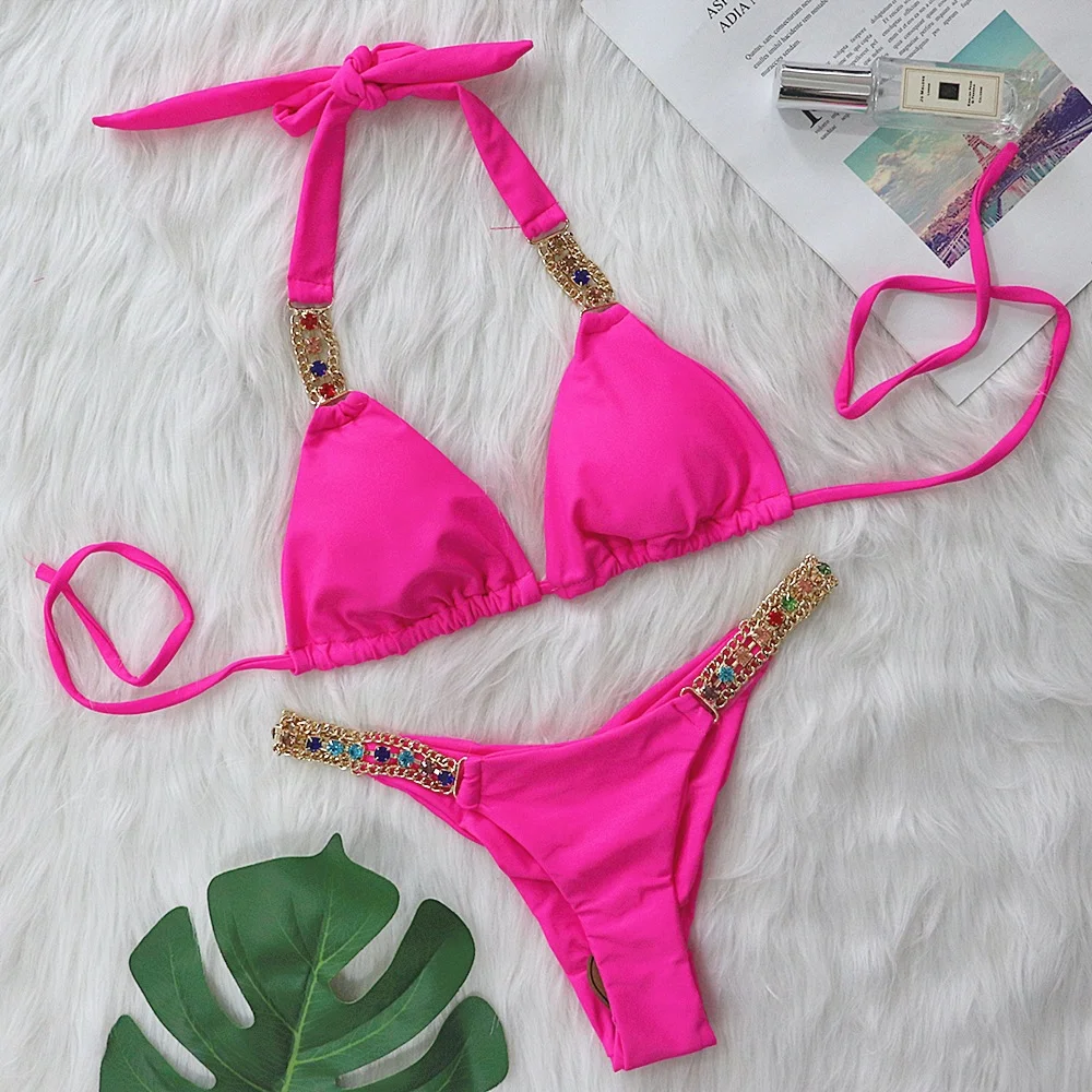 Uveng Uveng New Sexy Metal Accessories Rhinestone Solid Color Bikini Female Split Swimsuit Strap Swimsuit