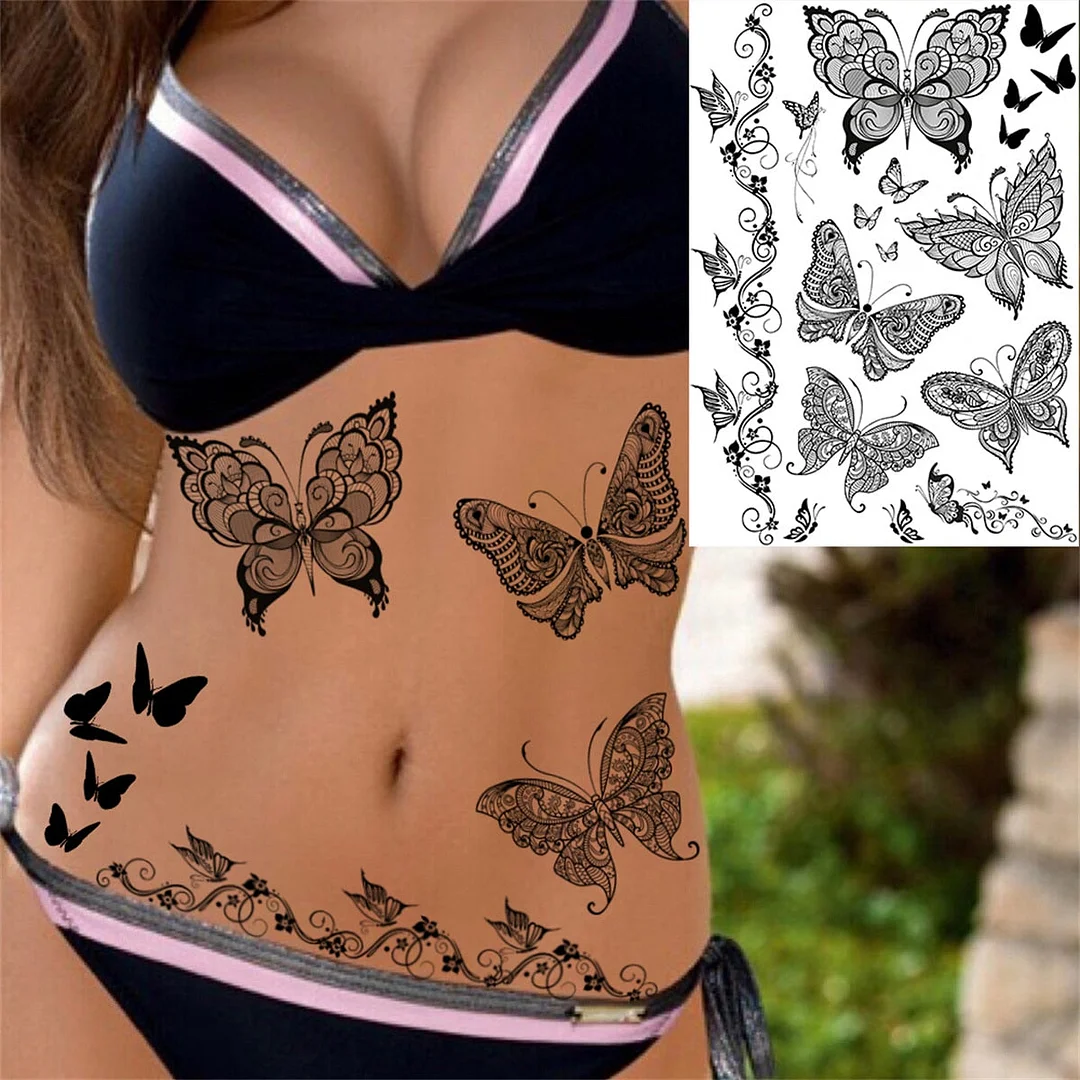 Lace Butterfly Temporary Tattoos For Women Girls Kids Tribal Black Henna Tattoo Sticker Mandala Flower Fake Jewelry Tatoos Adult