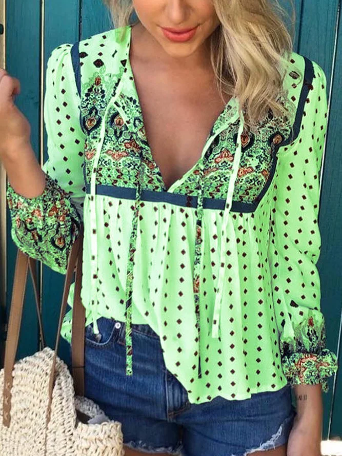 Floral Long Sleeve Floral-Print V Neck Tops