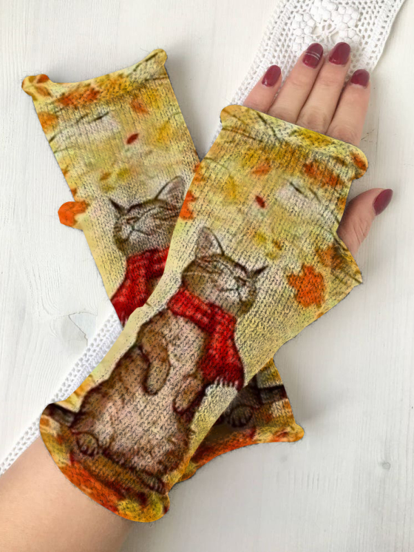 Retro cat casual print knit fingerless gloves