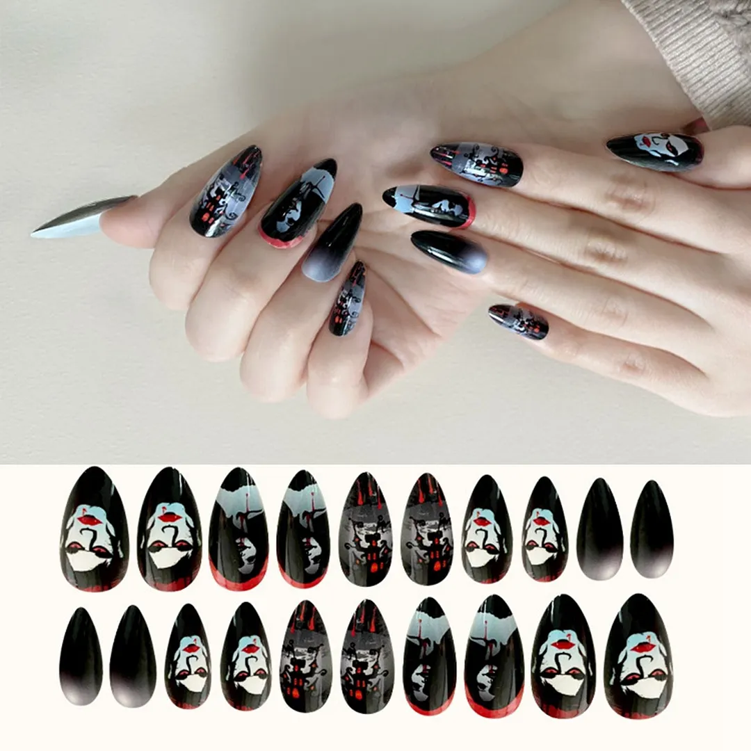 24Pcs Halloween Pattern Detachable Almond False Nails Medium-long Fake Nails Full Cover Nail Tips Press On Nails Manicure Tool