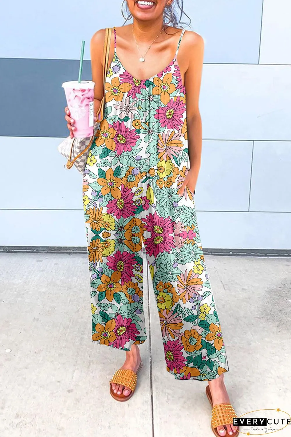 Print Spaghetti Strap Wide Leg Jumpsuit