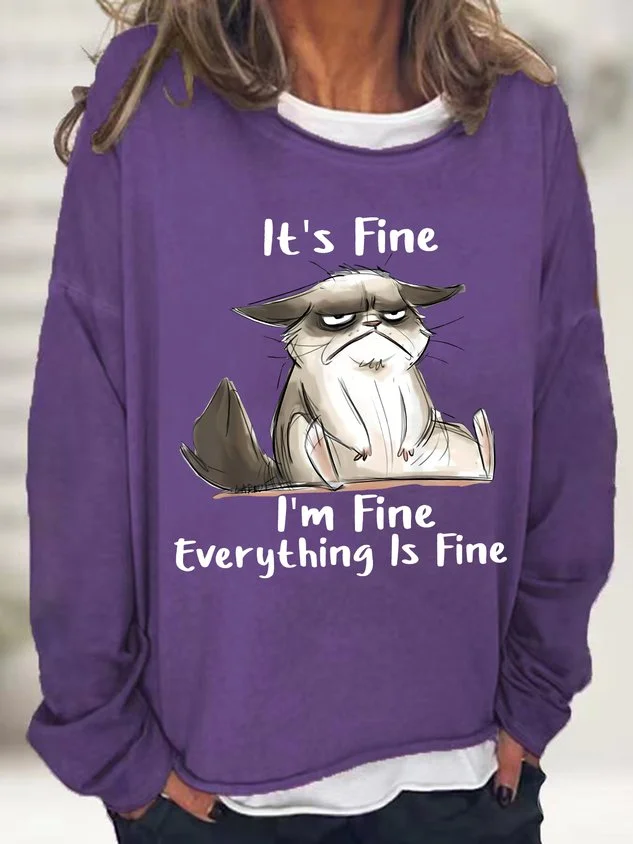 Women's It Is Fine I Am Fine Grumpy Cat Text Letters Graphic Print Casual Sweatshirts socialshop