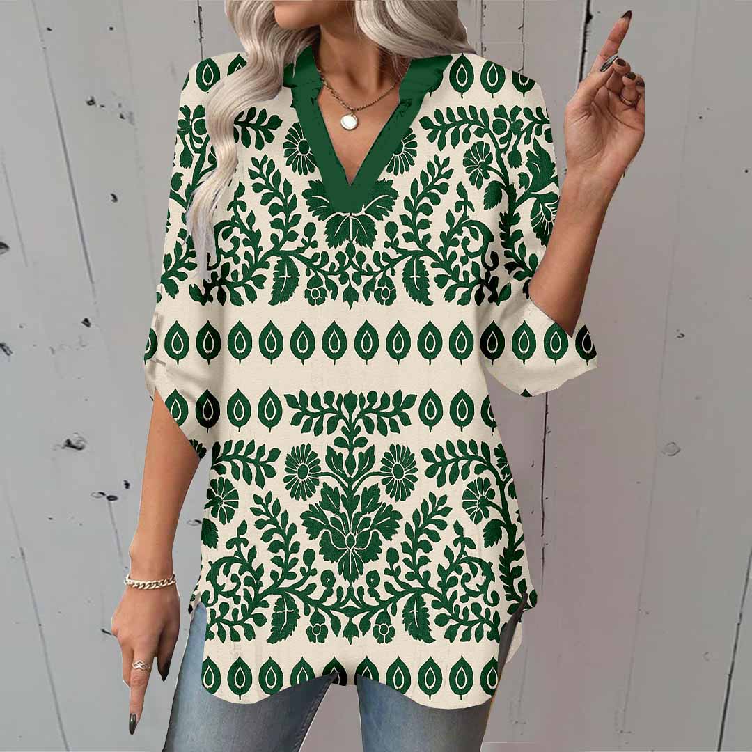 Women Floral, Green DZGA0208 3/4 Sleeve V-neck Printed Graphic Button Tops