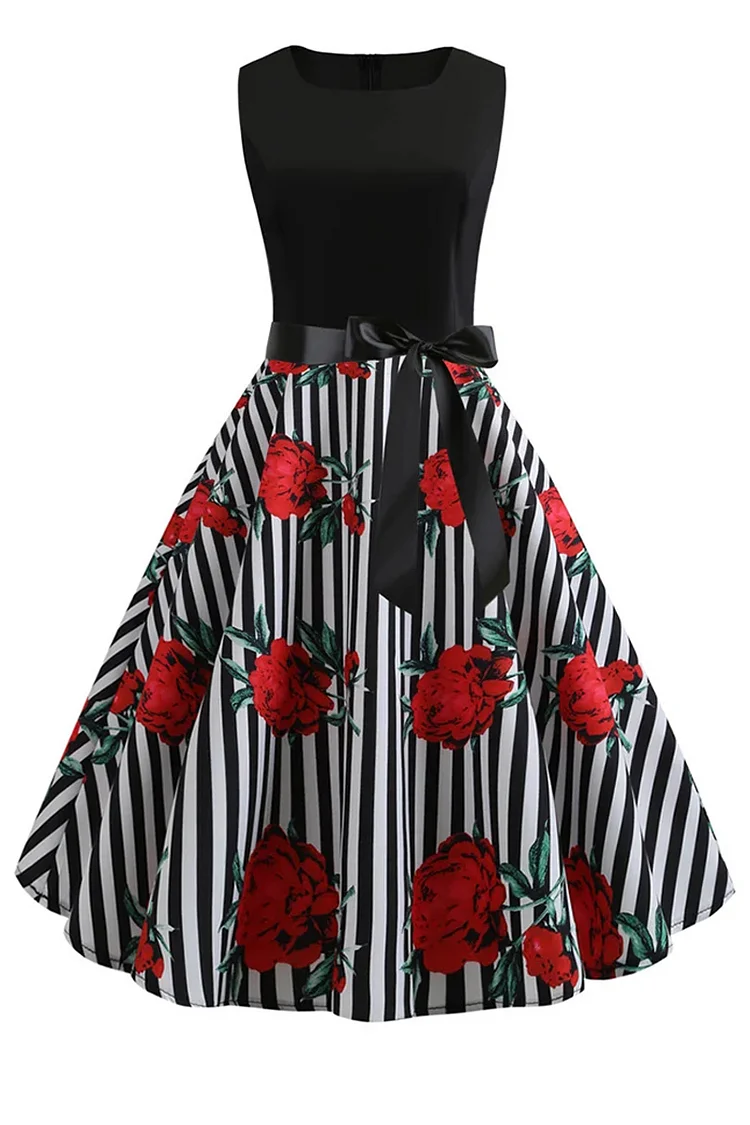 1950s Red Party Rose Print Retro A-line Sleeveless Maxi Dress (With Ribbon)