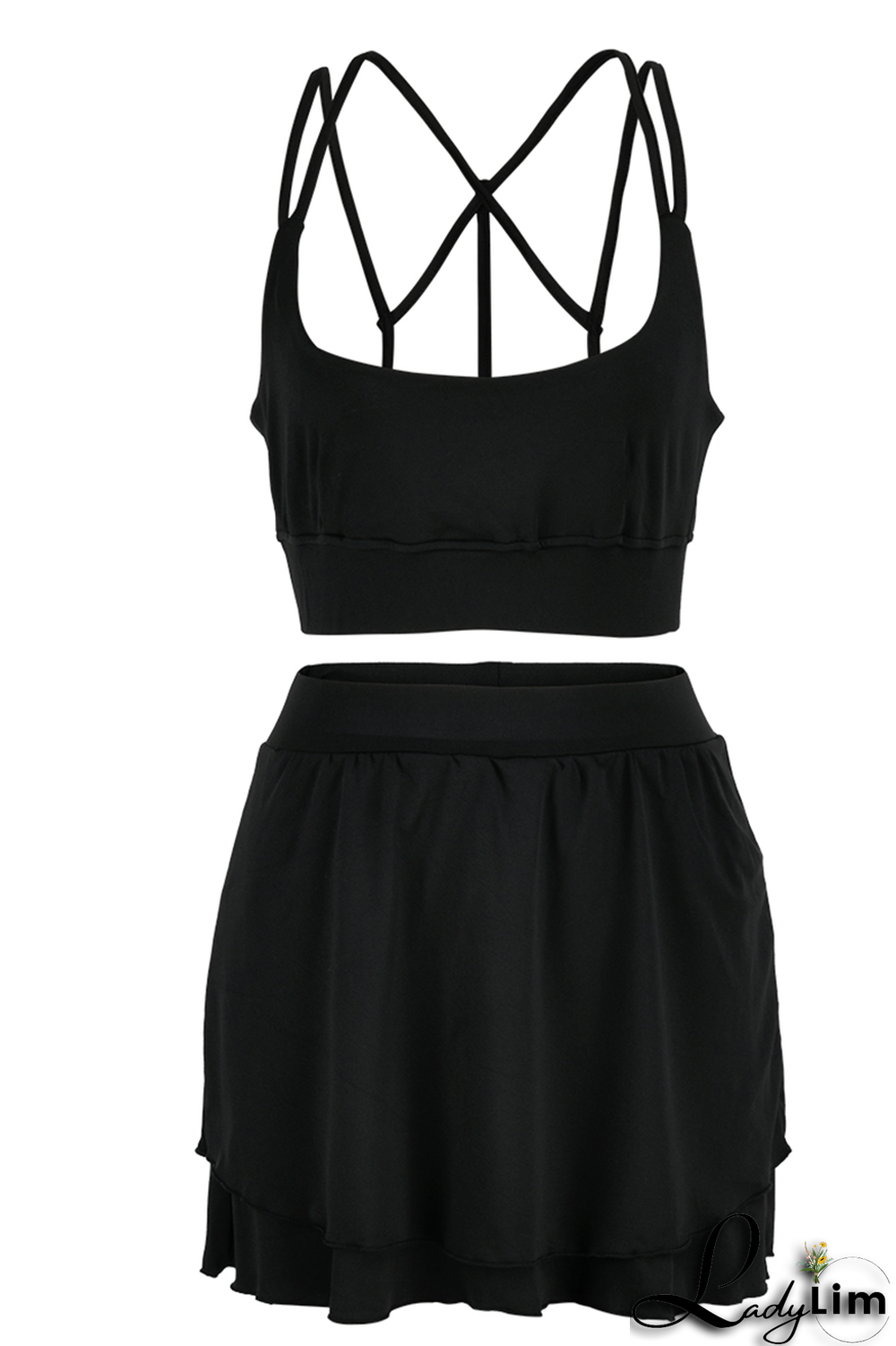 White Fashion Sportswear Solid Split Joint Spaghetti Strap Sleeveless Two Pieces