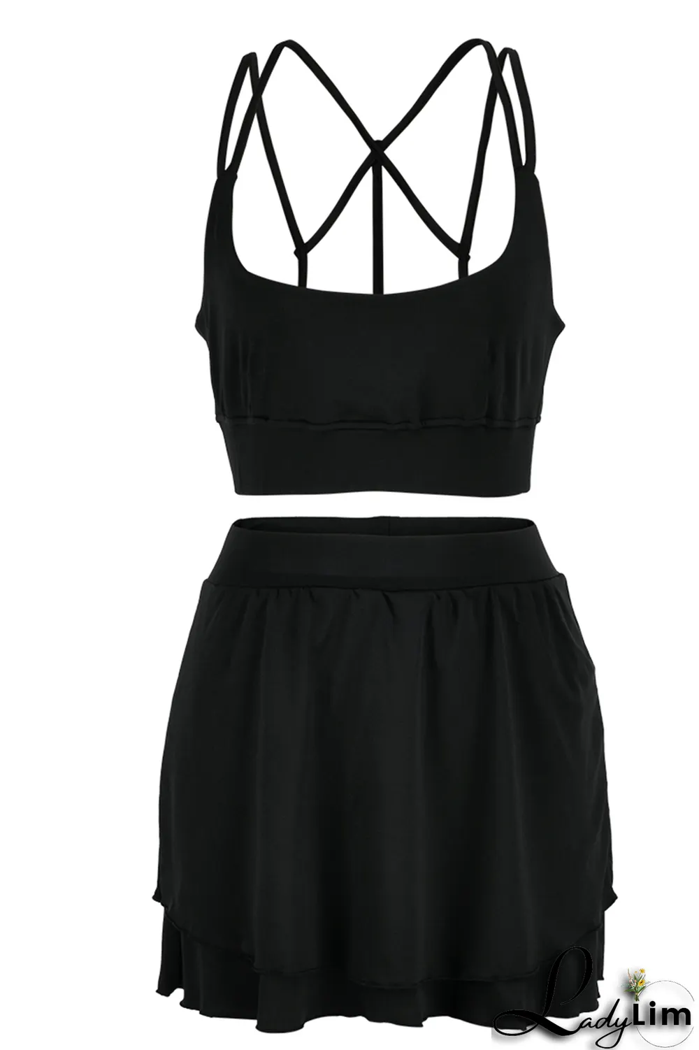 White Fashion Sportswear Solid Split Joint Spaghetti Strap Sleeveless Two Pieces