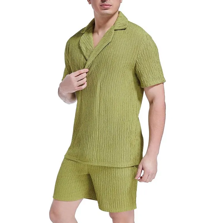 Men's Solid Color Pleated Wavy Loose Casual Two-piece Set