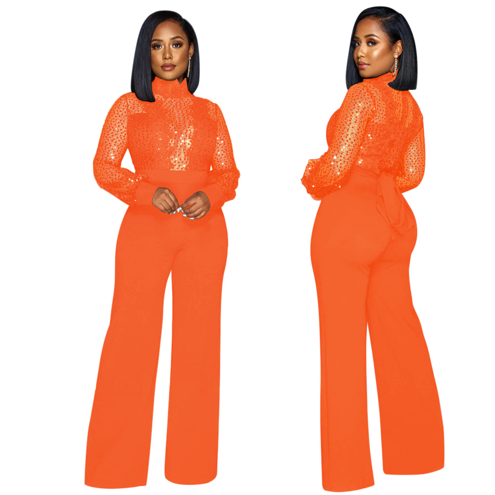 Party Turtleneck Sequin Lace Sheer Long Sleeve Top Loose Jumpsuit for Women - Ootddress