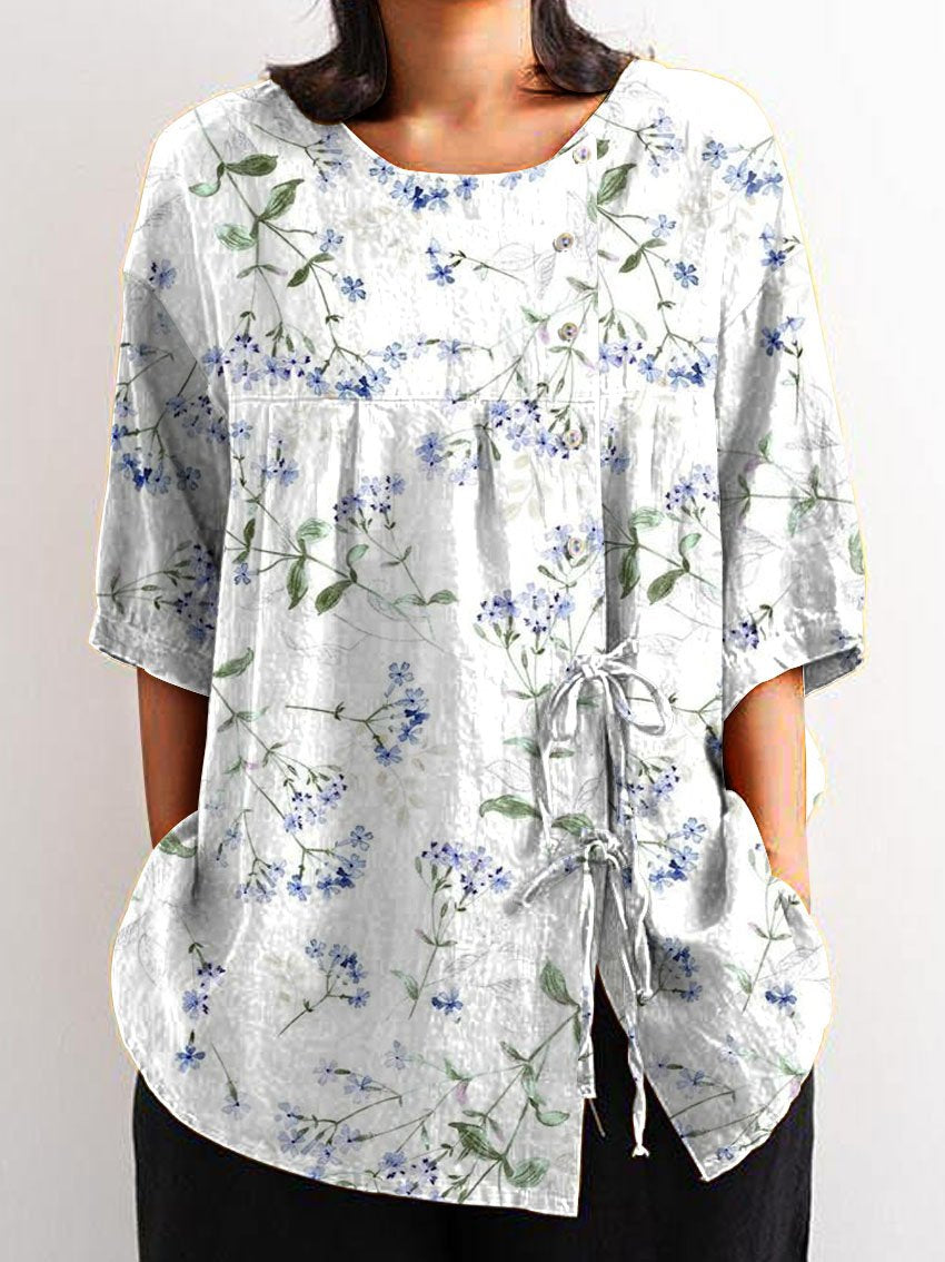 Women's Blue Floral Print On White Background Print Casual Cotton And Linen Shirt
