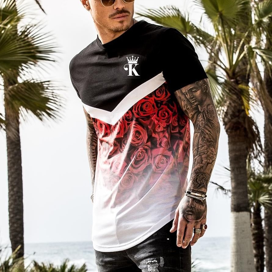 Poker Rose Flower Block Color Short-sleeved T-shirt