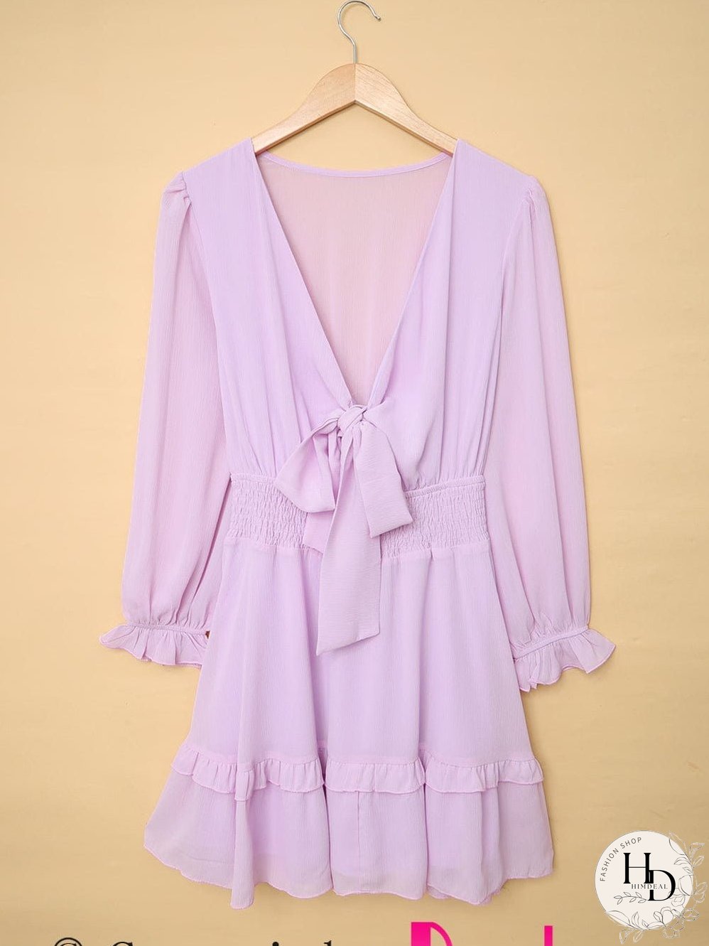 Lantern Sleeve Knotted Tiered Mini Dress with Deep V Neck