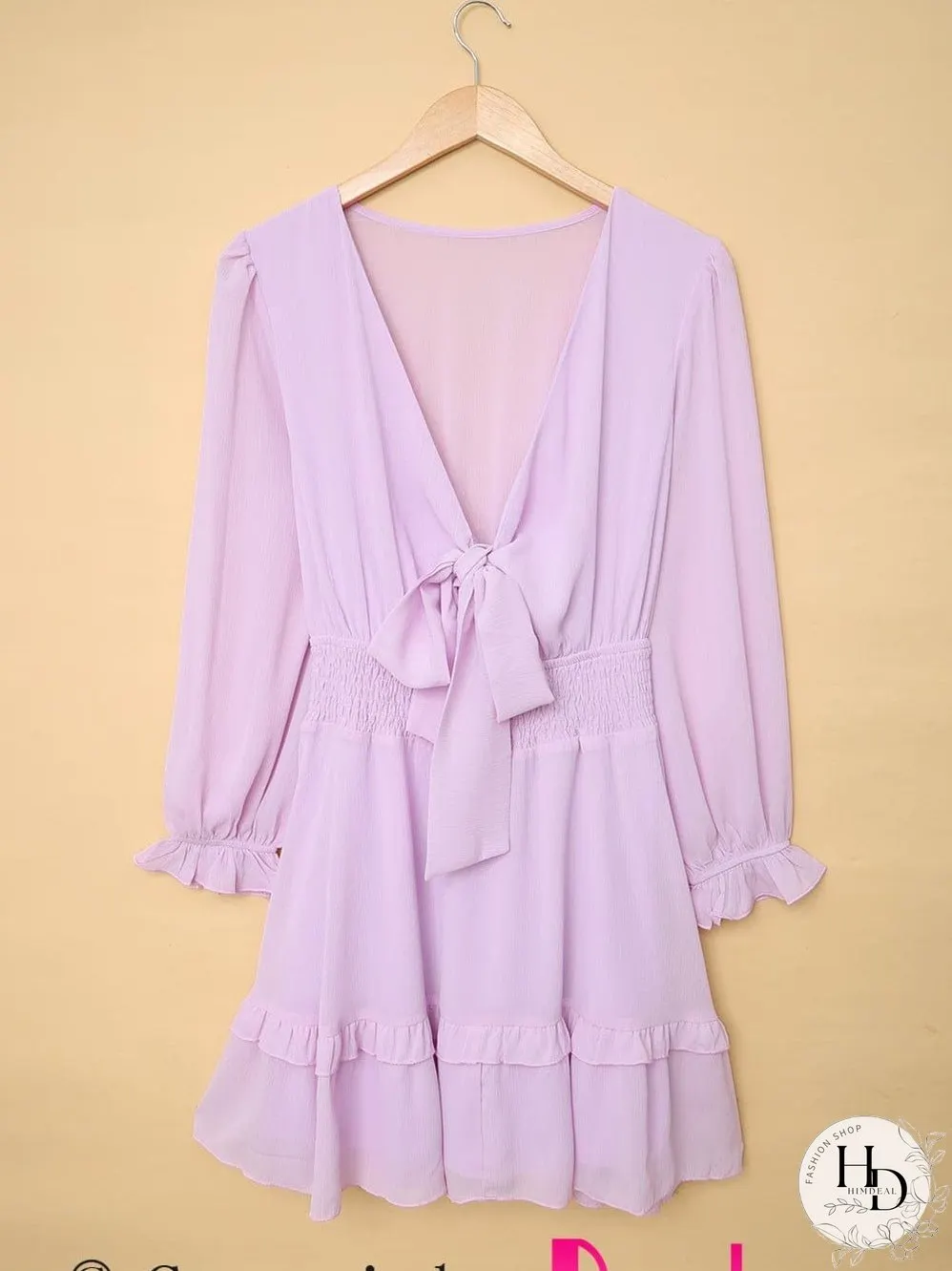 Lantern Sleeve Knotted Tiered Mini Dress with Deep V Neck