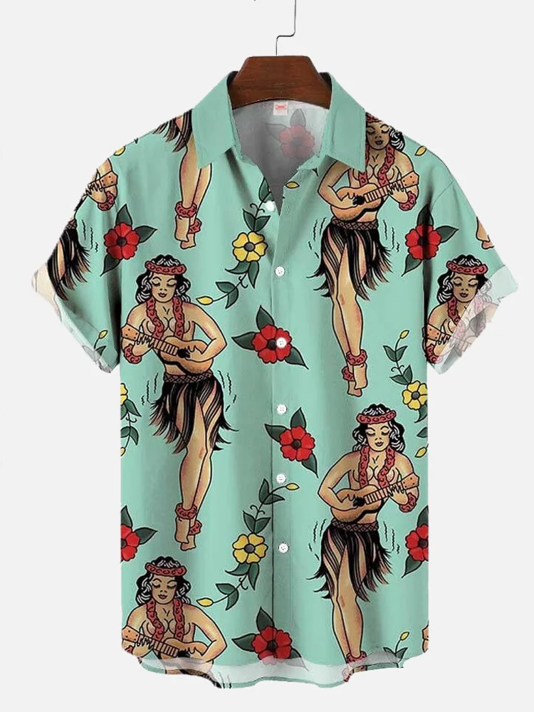 Blue Tropical Summer Dancing Girl Printing Beach Casual Short Sleeve Shirt