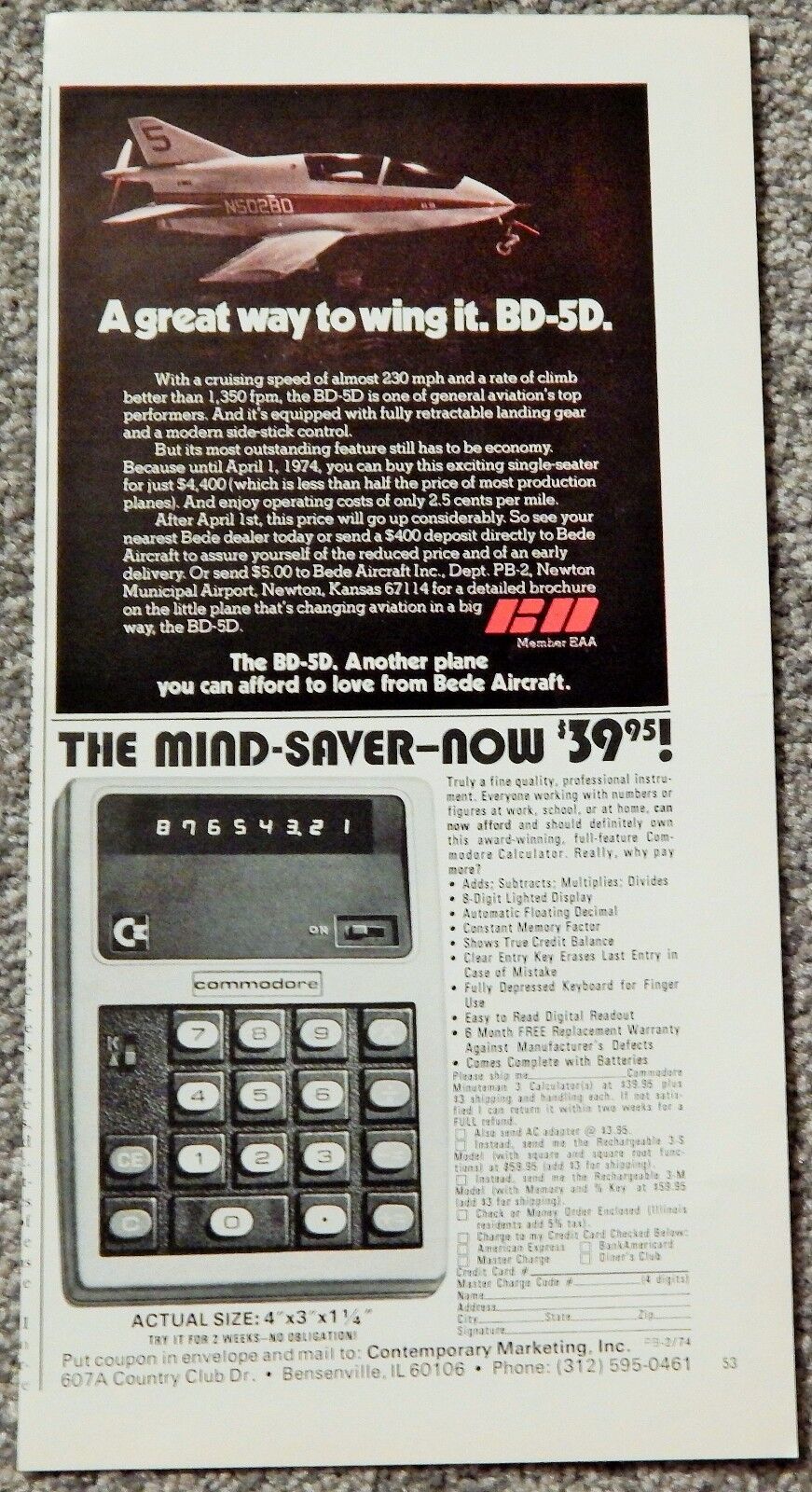 BEDE JET / COMMODORE CALCULATOR ORIG. VTG 1974 Photo Poster painting AD, RARE MUCH SOUGHT