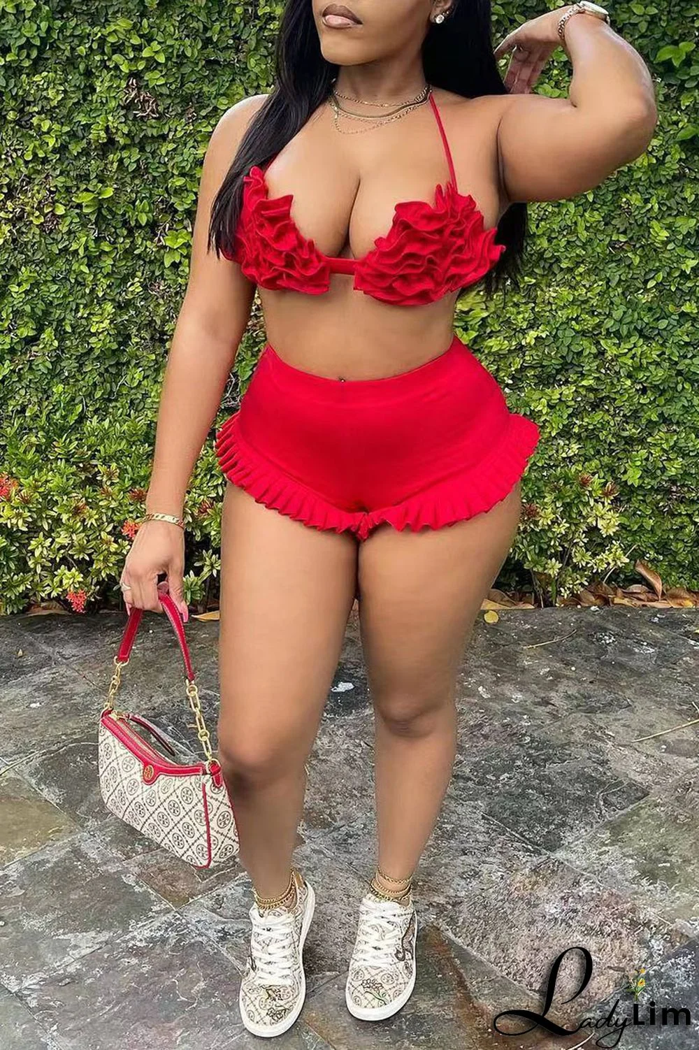 Pink Sexy Solid Split Joint Halter Sleeveless Two Pieces