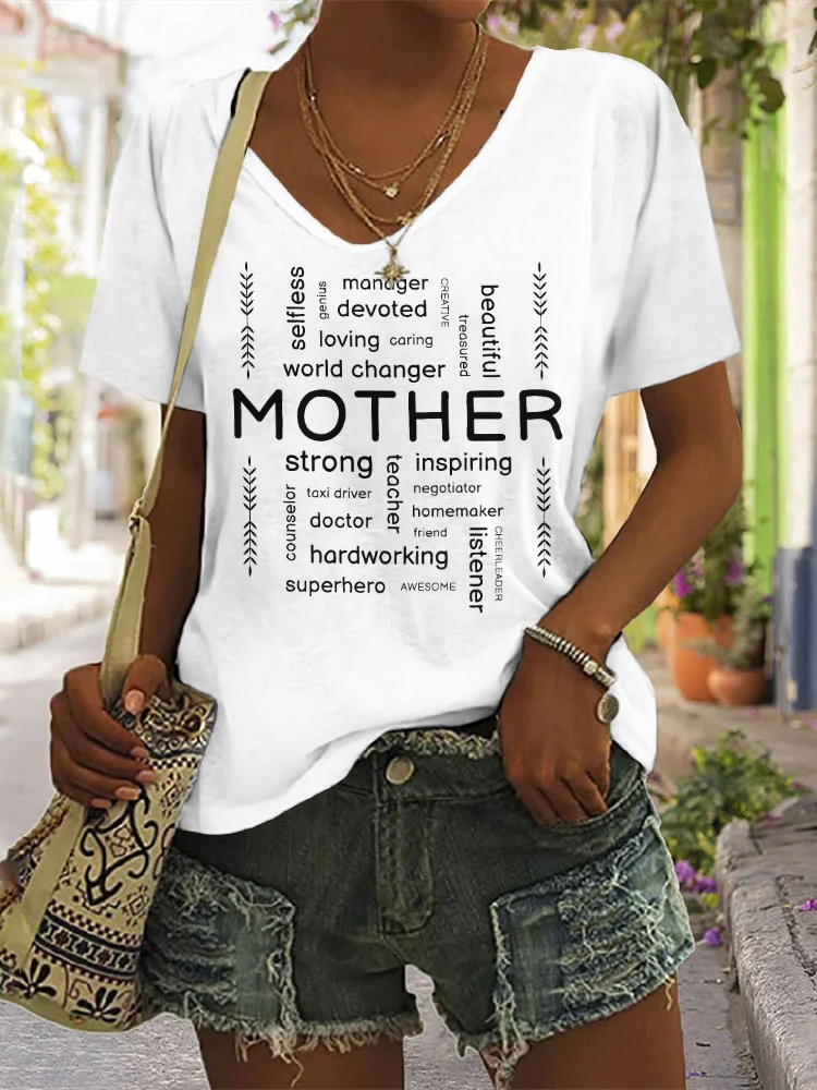 Mother's Day Printed V-Neck Short Sleeved T-Shirt