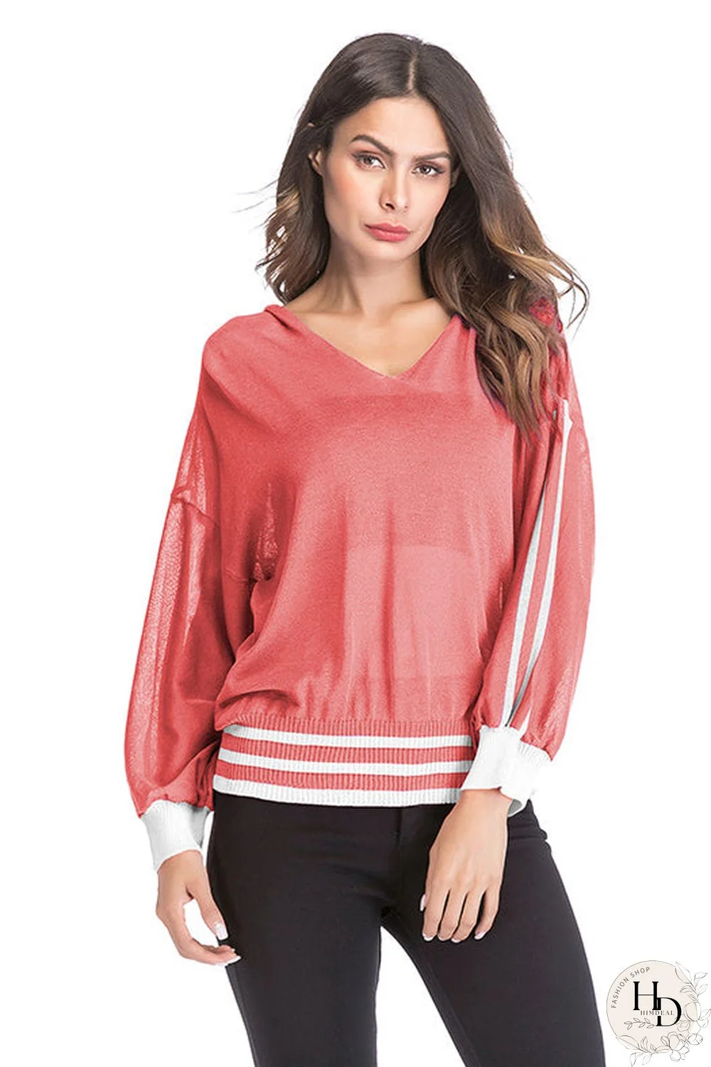 V Neck See Through Striped Blouse