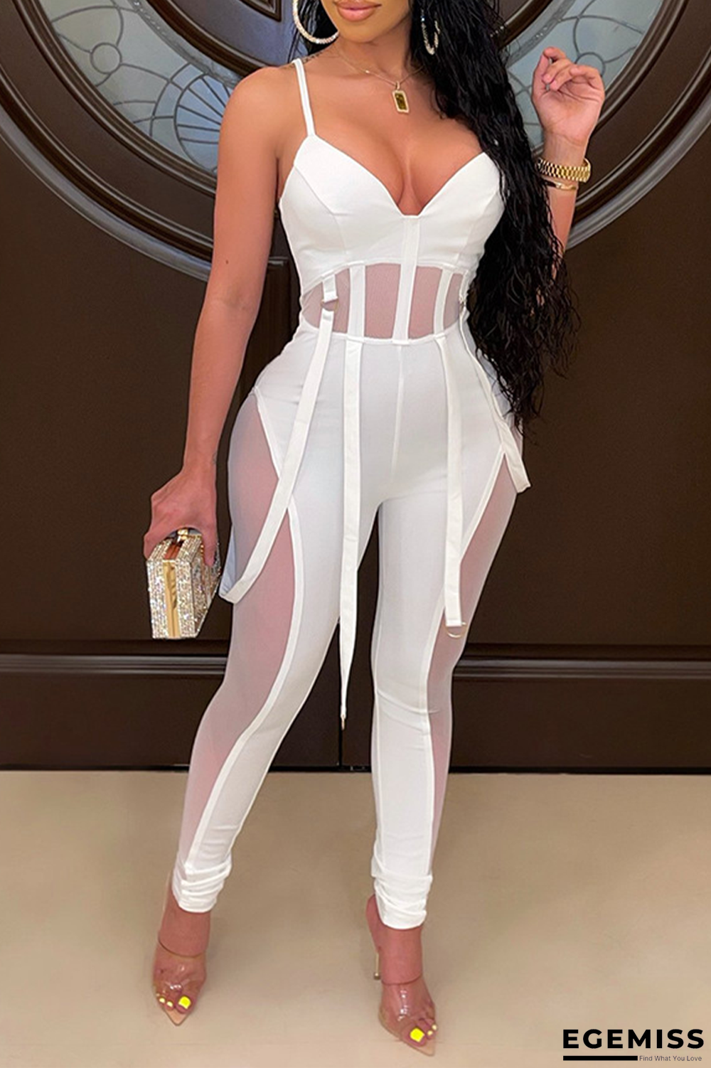 White Sexy Solid Mesh Spaghetti Strap Skinny Jumpsuits | EGEMISS