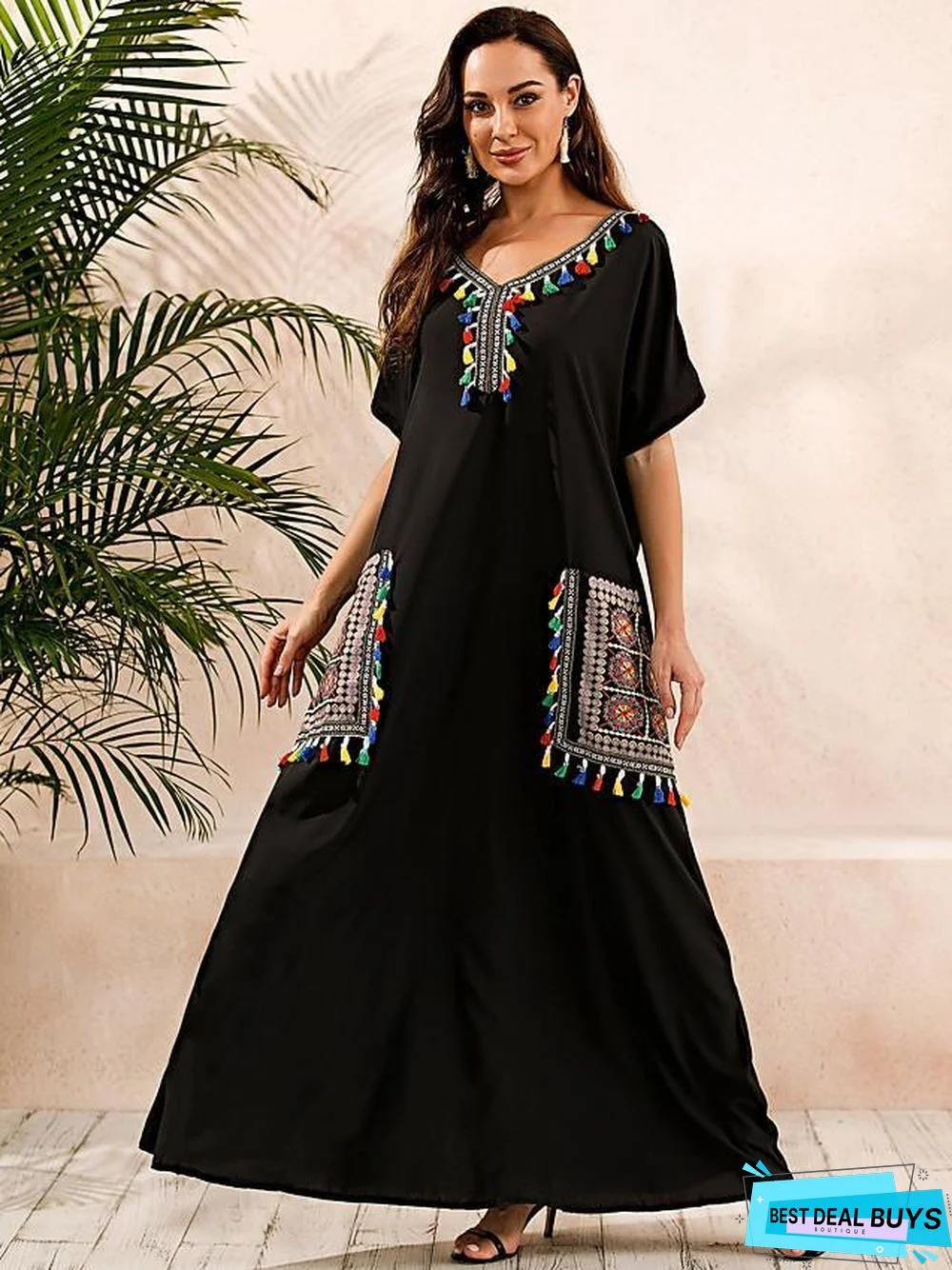 Women's Kaftan Dress Maxi Long Dress Short Sleeve Print Summer Plus Size Hot Casual Boho Vacation Dresses Black Dresses