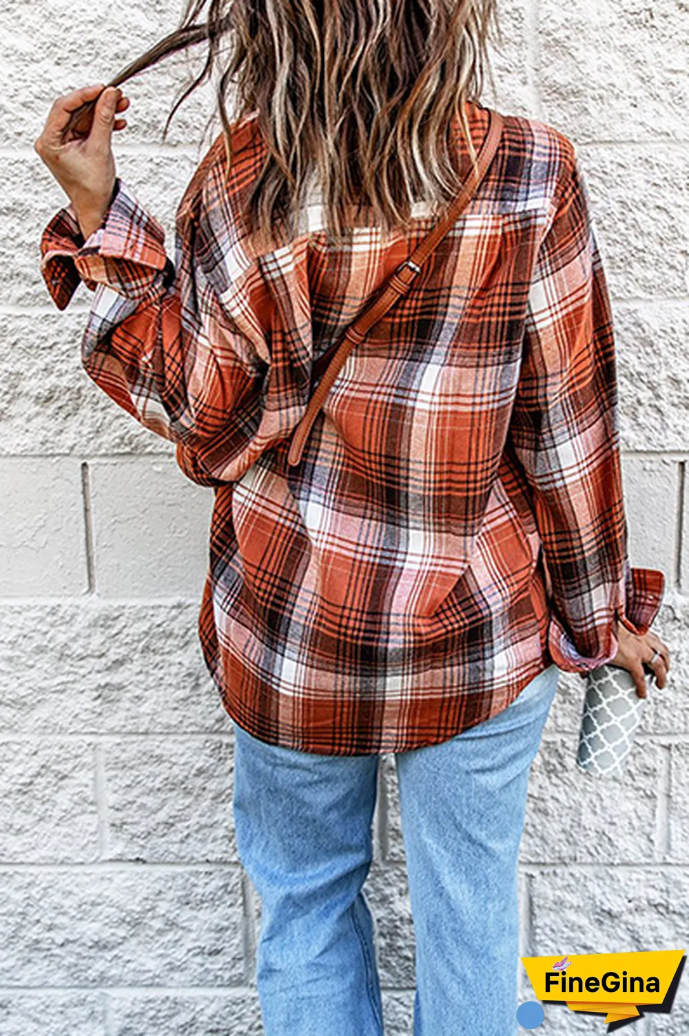 Casual Plaid Split Joint Buckle Turndown Collar Tops