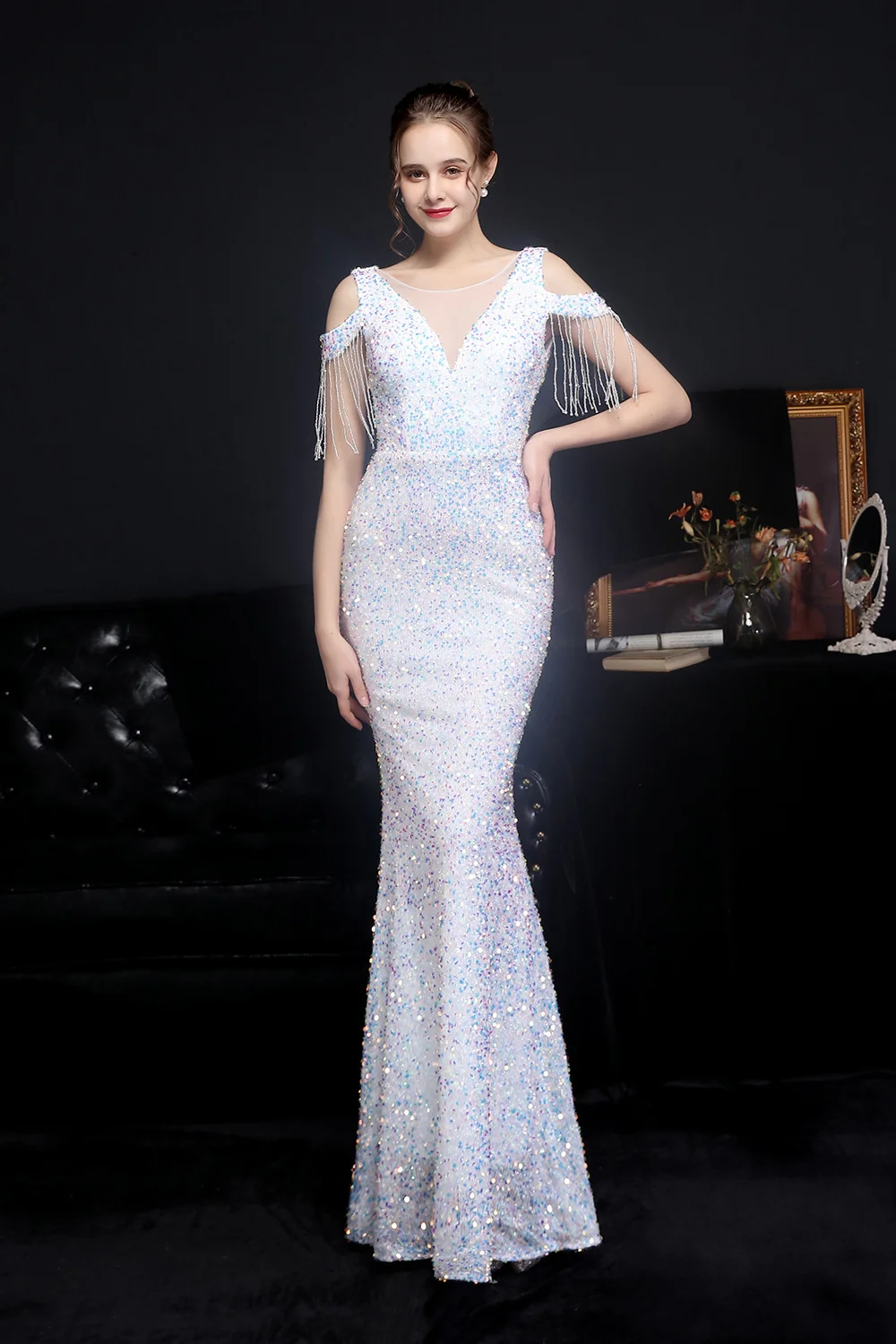 Luluslly Sequins Tassels Mermaid Evening Gowns Long On Sale