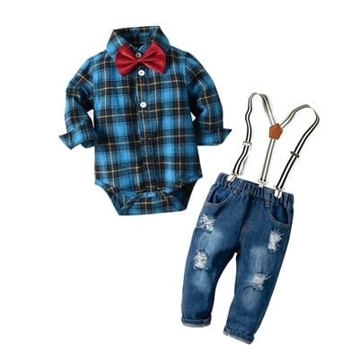 Mayoulove Baby Boy Denim  Plaid Rompers Gentleman Bib Jeans 4 Pcs Outfit 6-36M-Mayoulove