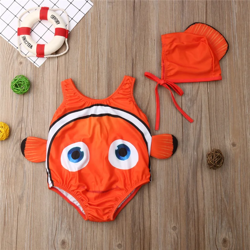 Uveng Kids Baby Girl Swimsuit Tail Goldfish One Piece Swimsuit Swimwear Swimmable Costume Beachwear Swimming Hat 1-6T