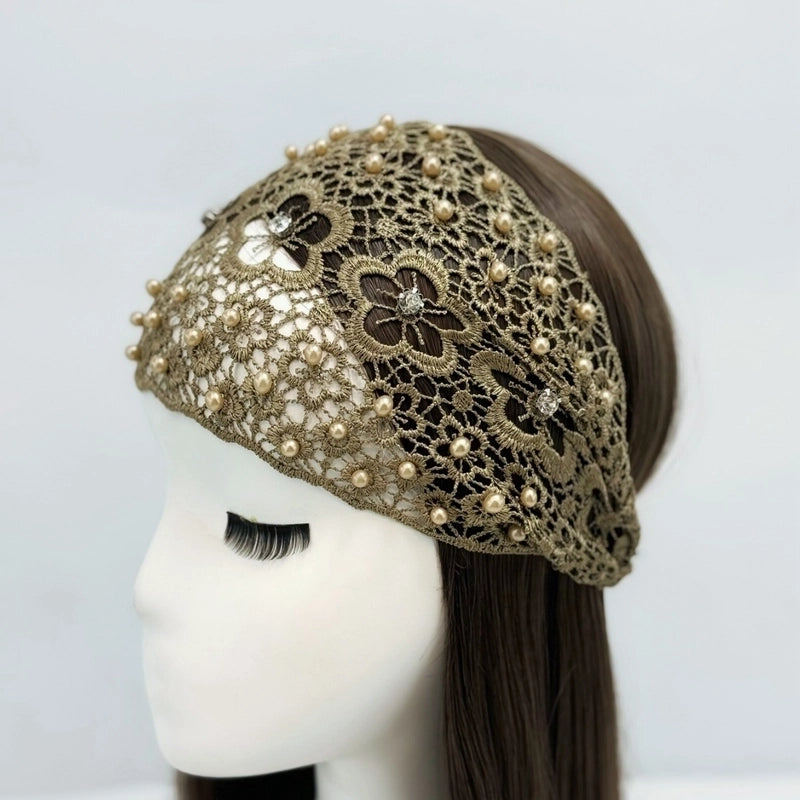 Women’s Casual Flower Cloth Hollow Out Inlay Rhinestones Pearl Hair Band