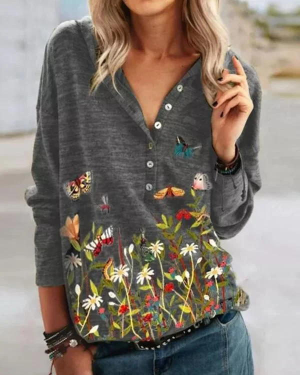 Print Button Casual V-Neckline Long Sleeve Hooded Blouses