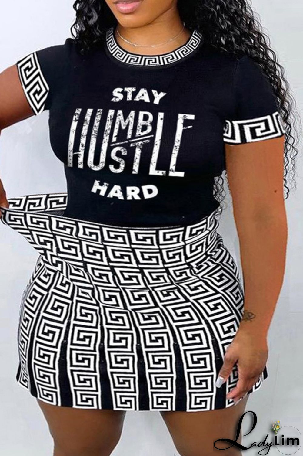 Black Fashion Casual Letter Print Patchwork O Neck Plus Size Two Pieces