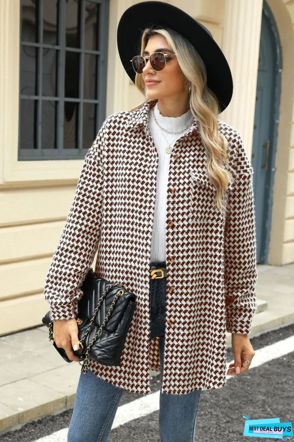 Houndstooth Button Up Dropped Shoulder Coat