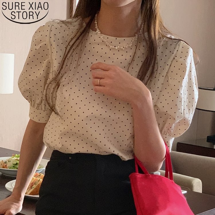 Korea Chic Round Collar Collar Ploka Dot Print Shirts Women Tops Fashion Shirts Women Front and Back Can Be Wear Clothes 14480