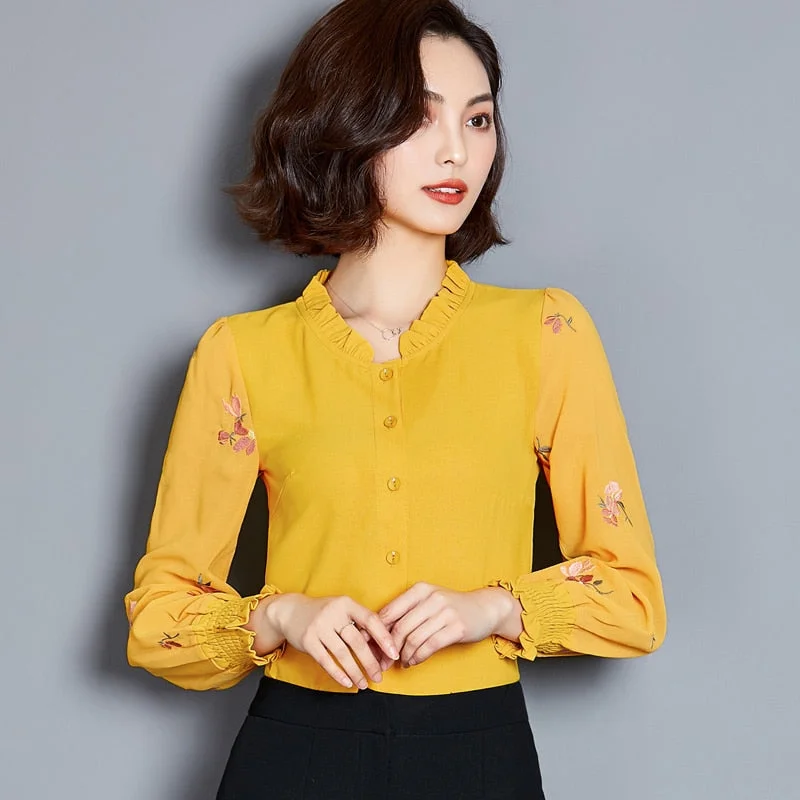 Clothing Women 2021 Plus Size 4XL Long Sleeve Women's Blouses Printed Solid Color Shirt Chiffon Blouse Ladies Tops 5 Color 2640