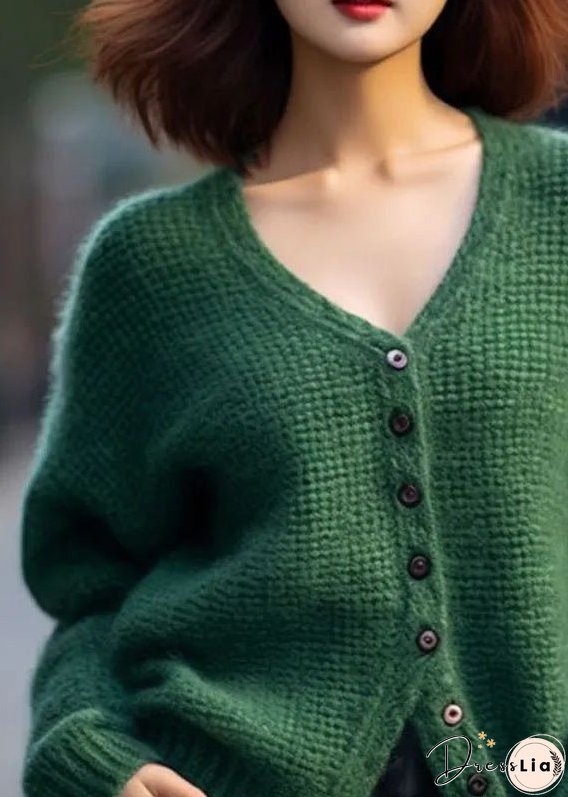 Loose Green V Neck Button Patchwork Cotton Knit Top Spring