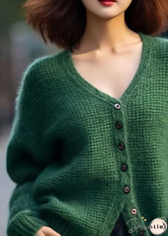 Loose Green V Neck Button Patchwork Cotton Knit Top Spring