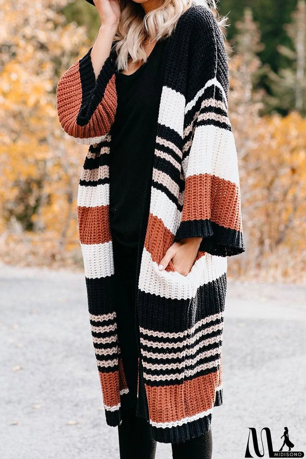 MidiSono - Pocketed Novelty Striped Chenille Cardigan