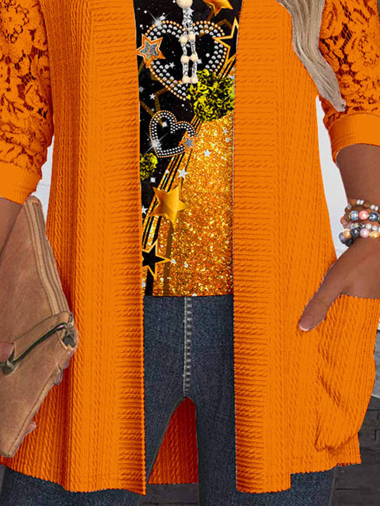 Women Long Sleeve Scoop Neck Love Printed Printed Graphic Pockets Lace Two-Pieced Tops