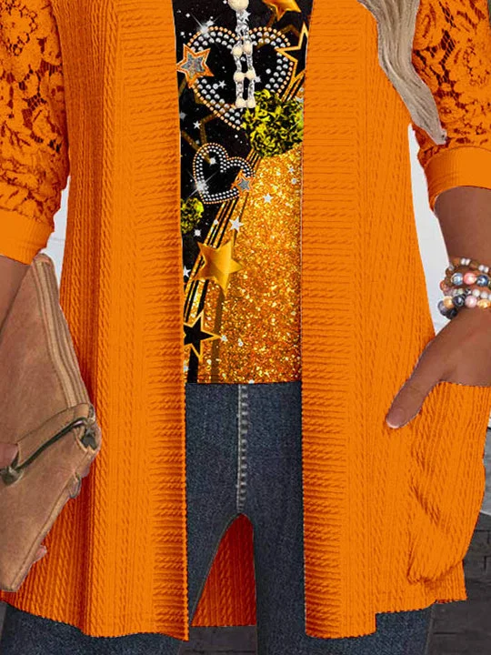 Women Long Sleeve Scoop Neck Love Printed Printed Graphic Pockets Lace Two-Pieced Tops