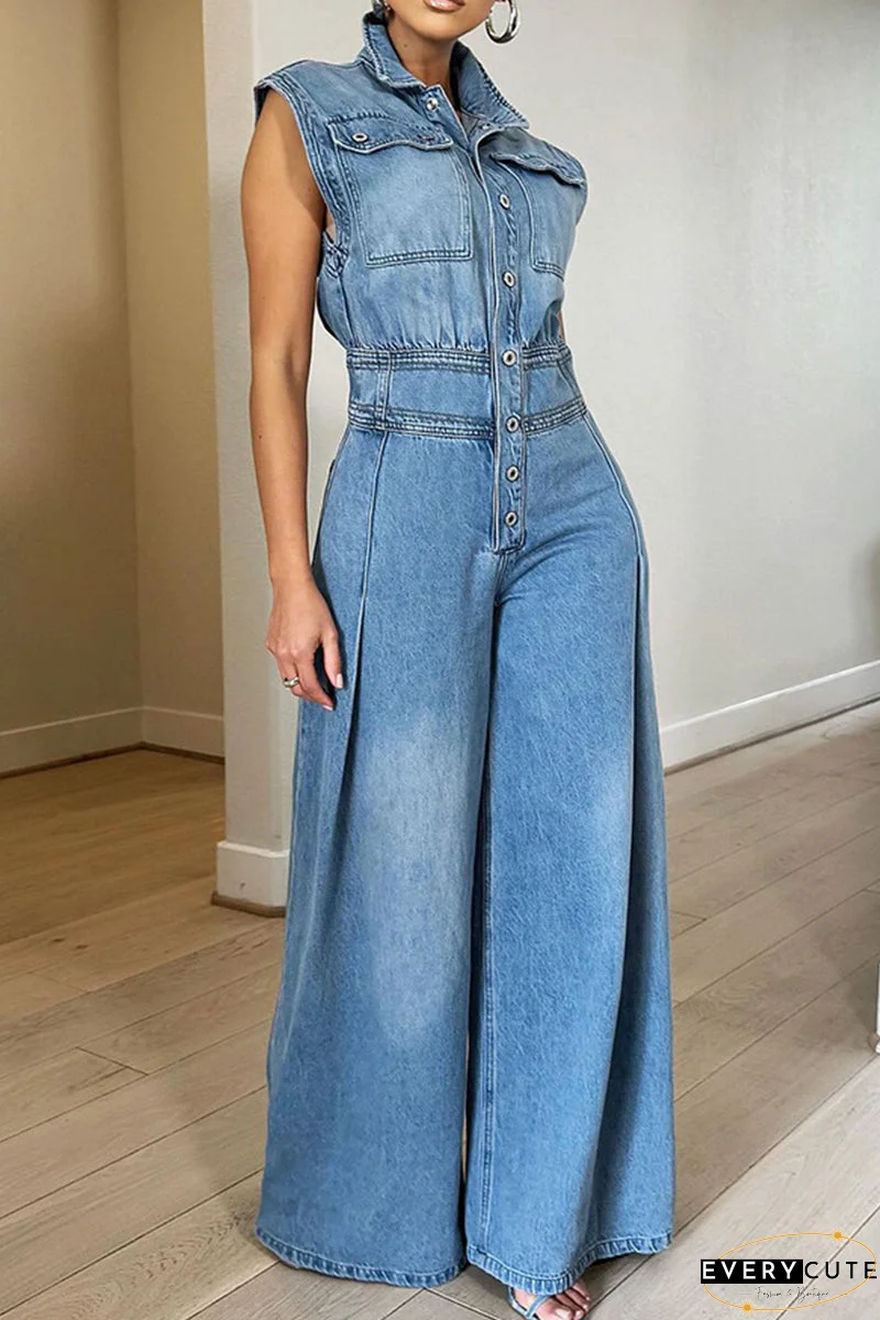 Street Solid Patchwork Pocket Buckle Turndown Collar Sleeveless High Waist Loose Denim Jumpsuits