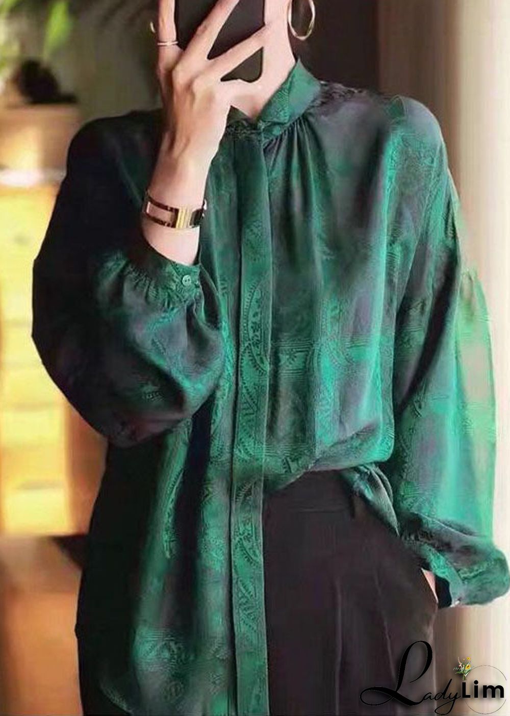 Beautiful Green Stand Collar Patchwork Jacquard Silk Blouses Fall