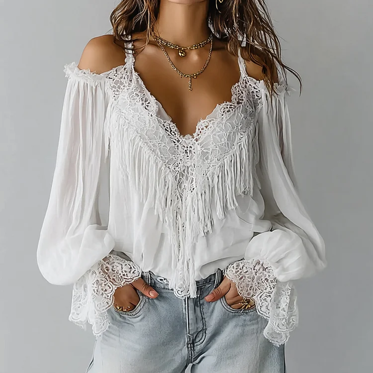 Ursime Lace Cold Shoulder V Neck Lantern Sleeve Fringe Blouse