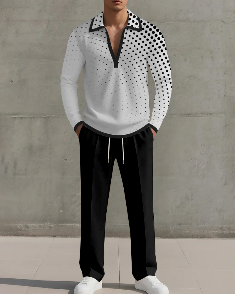 Big & Tall Men's Black And White Wave Dot Geometric Printed POLO V-Neck Long Sleeve Pants Two-Piece Set