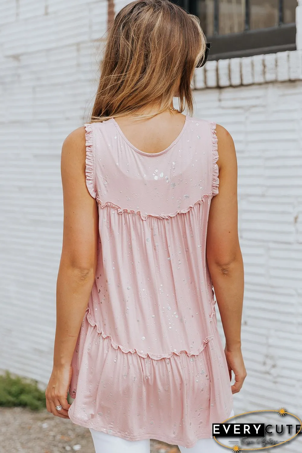 Pink Foil Splatter Drops Ruffled Flowy Tank