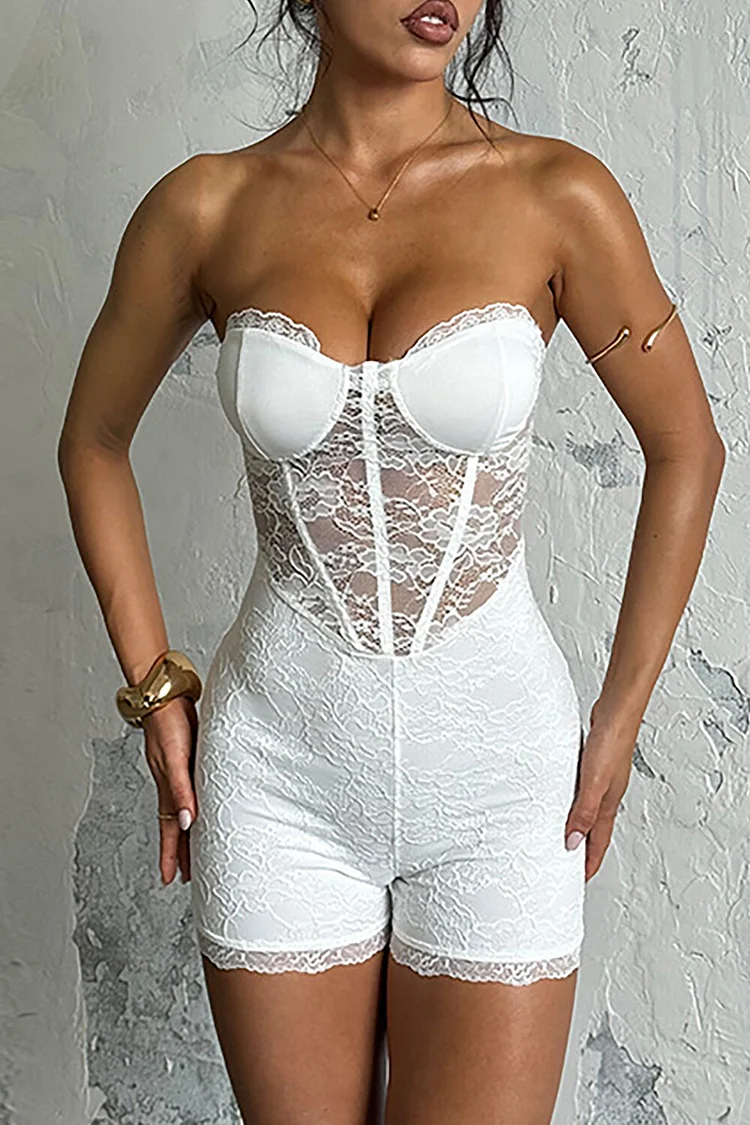 Jacquard Lace Sheer Corset Design Strapless Slim Fit Playsuit Romper-White
