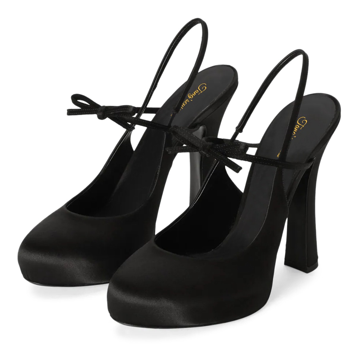 Satin Round Toe Platform Slingback Black High Heels with Bow Nicepairs