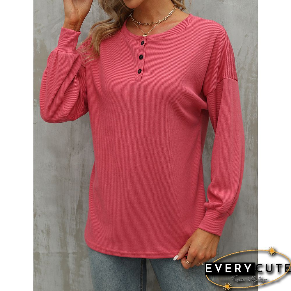 Pink Button-up Drop Shoulder Puff Sleeve Tops