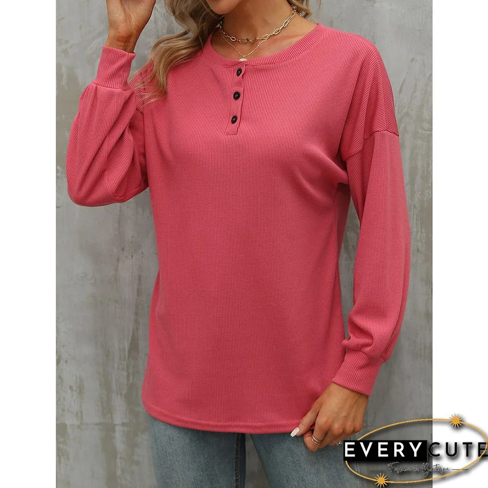 Pink Button-up Drop Shoulder Puff Sleeve Tops