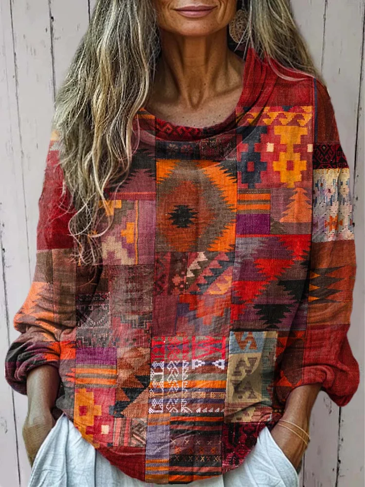 Women's Vintage Pattern Art Print Casual Long Sleeve Comfortable Cotton Shirt