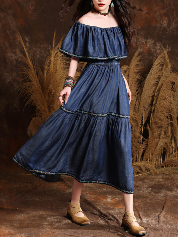 Women's Denim Dress High End Tribal Embroidery Floral off Sholder Western Style Cowgirl Dress